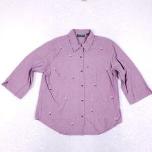 Lemon Grass Studio Embroidered Rose Blouse Button Front Lavender XL Cottagecore‎